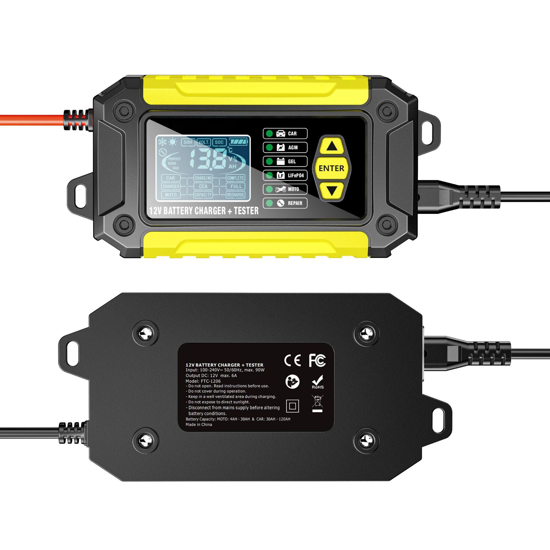 Cargador y comprobador de baterías de coche 2 en 1, cargador de baterías de 12V para plomo-ácido, AGM y LiFePO4, cargador de vehículos, comprobador inteligente de baterías para coches, camiones, motocicletas y cortacéspedes