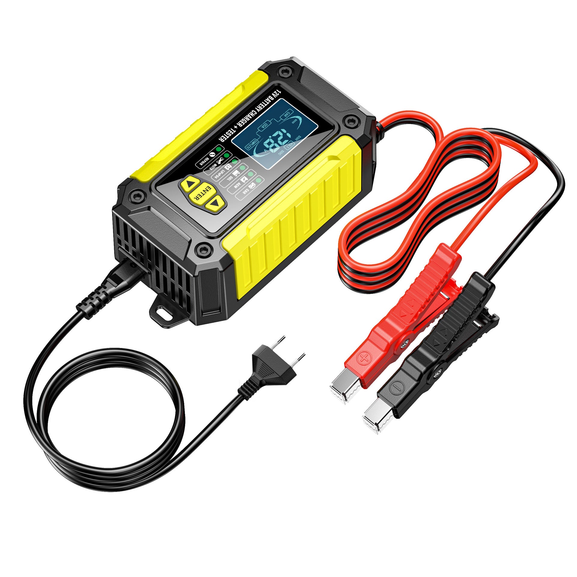 Cargador y comprobador de baterías de coche 2 en 1, cargador de baterías de 12V para plomo-ácido, AGM y LiFePO4, cargador de vehículos, comprobador inteligente de baterías para coches, camiones, motocicletas y cortacéspedes