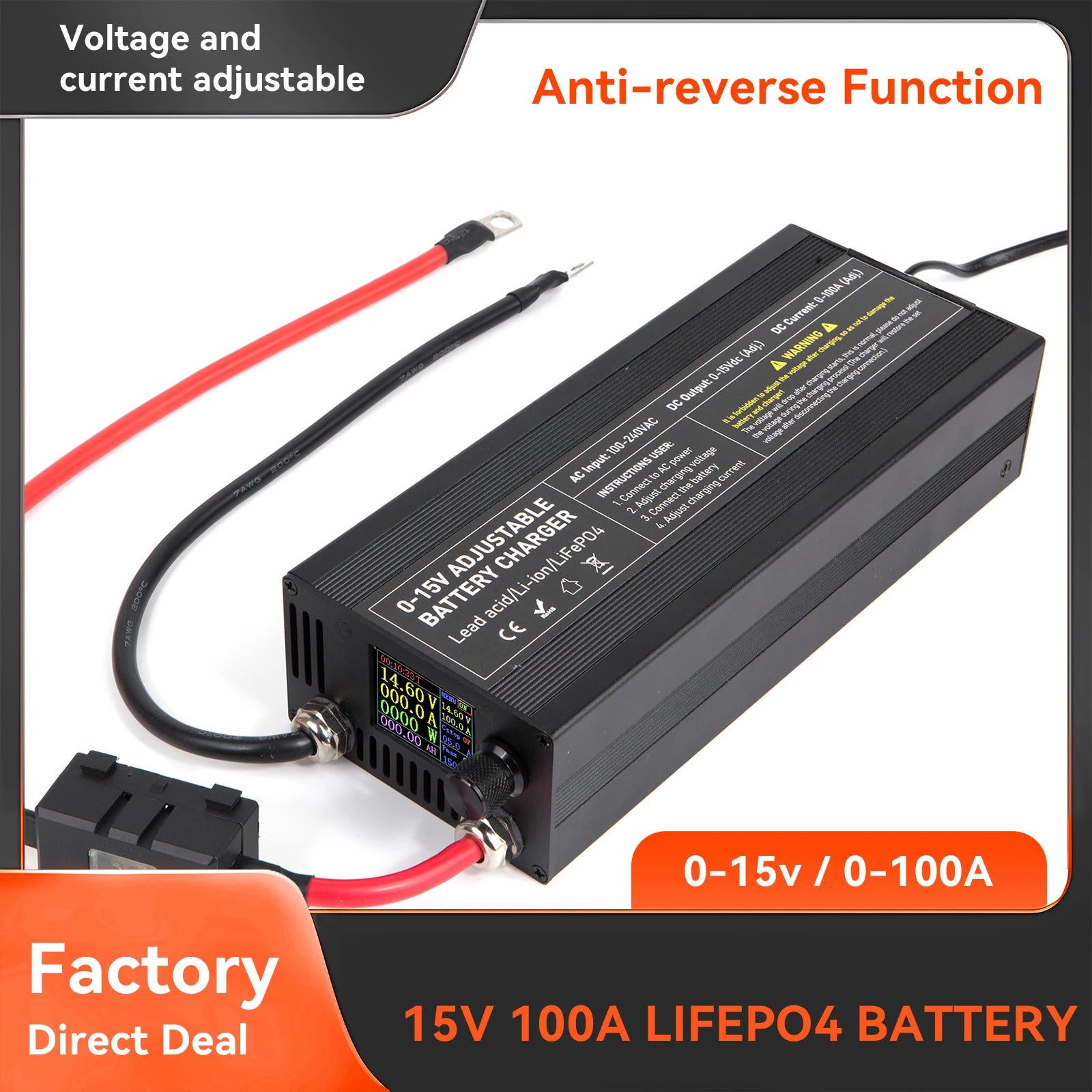 NOEIFEVO 3,7V 6V 12V Lithium/LiFePO4 / Blei-Säure-Universal-Batterieladegerät, einstellbarer Spannungs- und Strombereich 0–15 V 1–100 A, 4,2 V 12,6 V 14,6 V Auto-, Boot- und Wohnmobil-Batterieladegerät