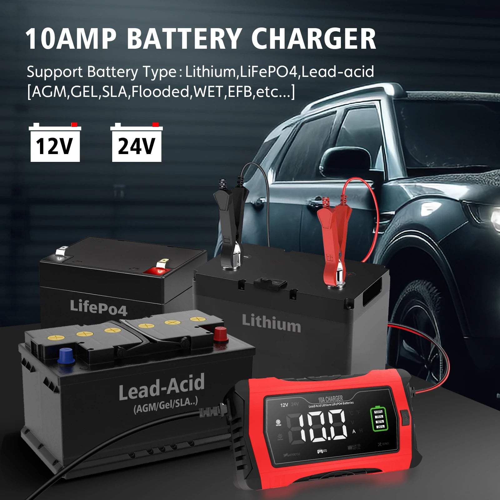 NOEIFEVO Chargeur de batterie automobile 10A, 12 V/24 V, intelligent, entièrement automatique, avec mode de réparation pour voitures, camions, motos, tondeuses à gazon, bateaux et batteries de navires