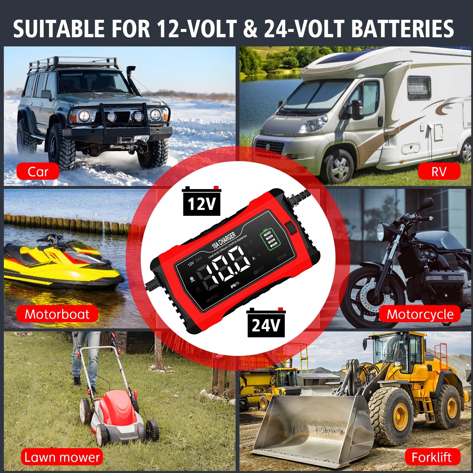 NOEIFEVO Chargeur de batterie automobile 10A, 12 V/24 V, intelligent, entièrement automatique, avec mode de réparation pour voitures, camions, motos, tondeuses à gazon, bateaux et batteries de navires