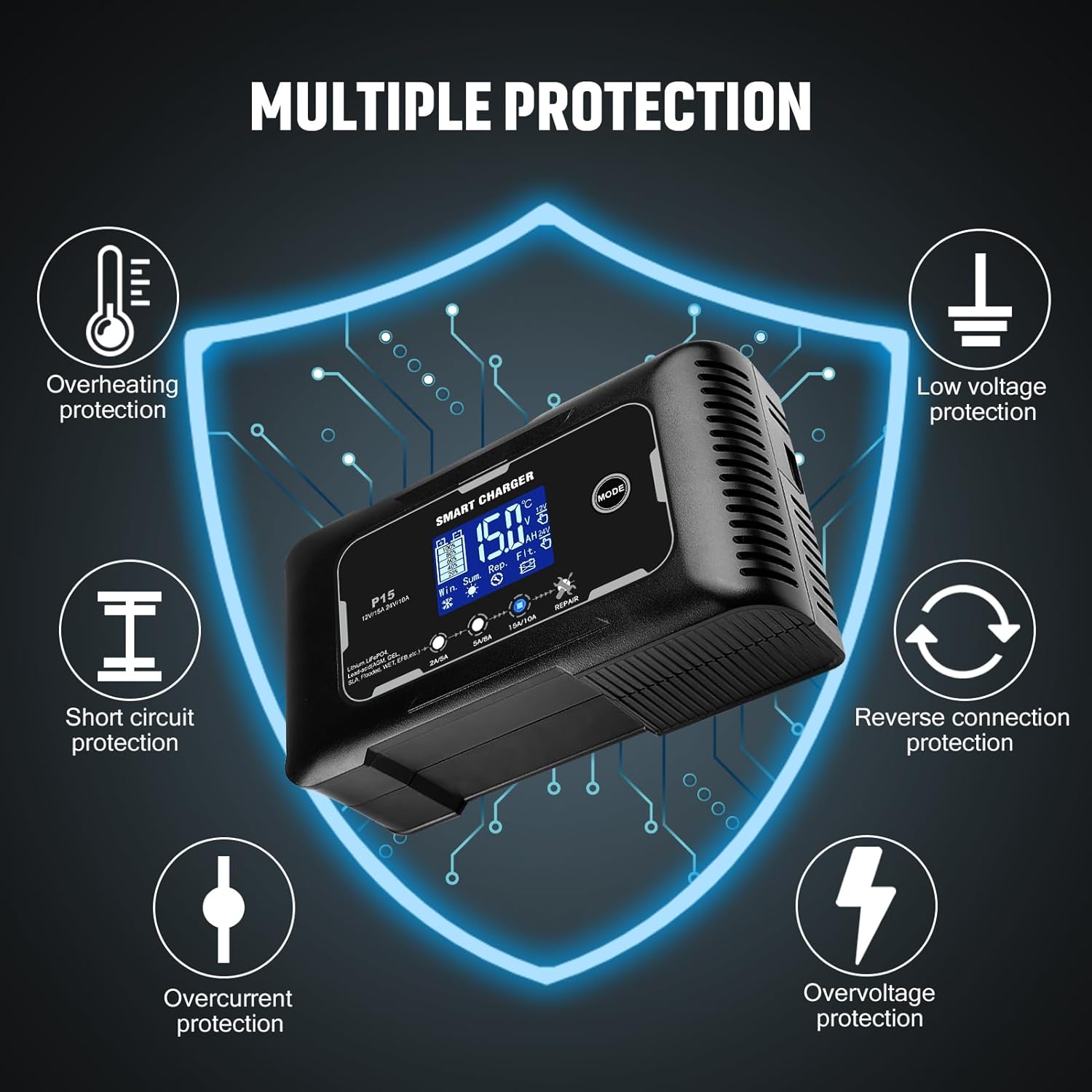 NOEIFEVO Batterioplader 12V 15A og 24V 10A, Smart Lithium LiFePO4 AGM Bly-syre Batterioplader, egnet til bil, motorcykeloplader, plæneklipper og båd