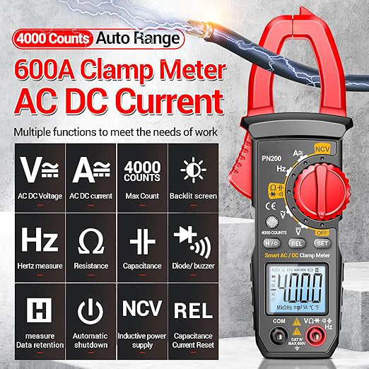 Multimeter Stromzange,4000 Counts TRMS Auto Range Strommesszange mit Wechselstrom/Gleichstrom Strom,Spannung,Widerstand,Kapazität,Durchgang,berührungslose Spannungserkennung Werkzeug