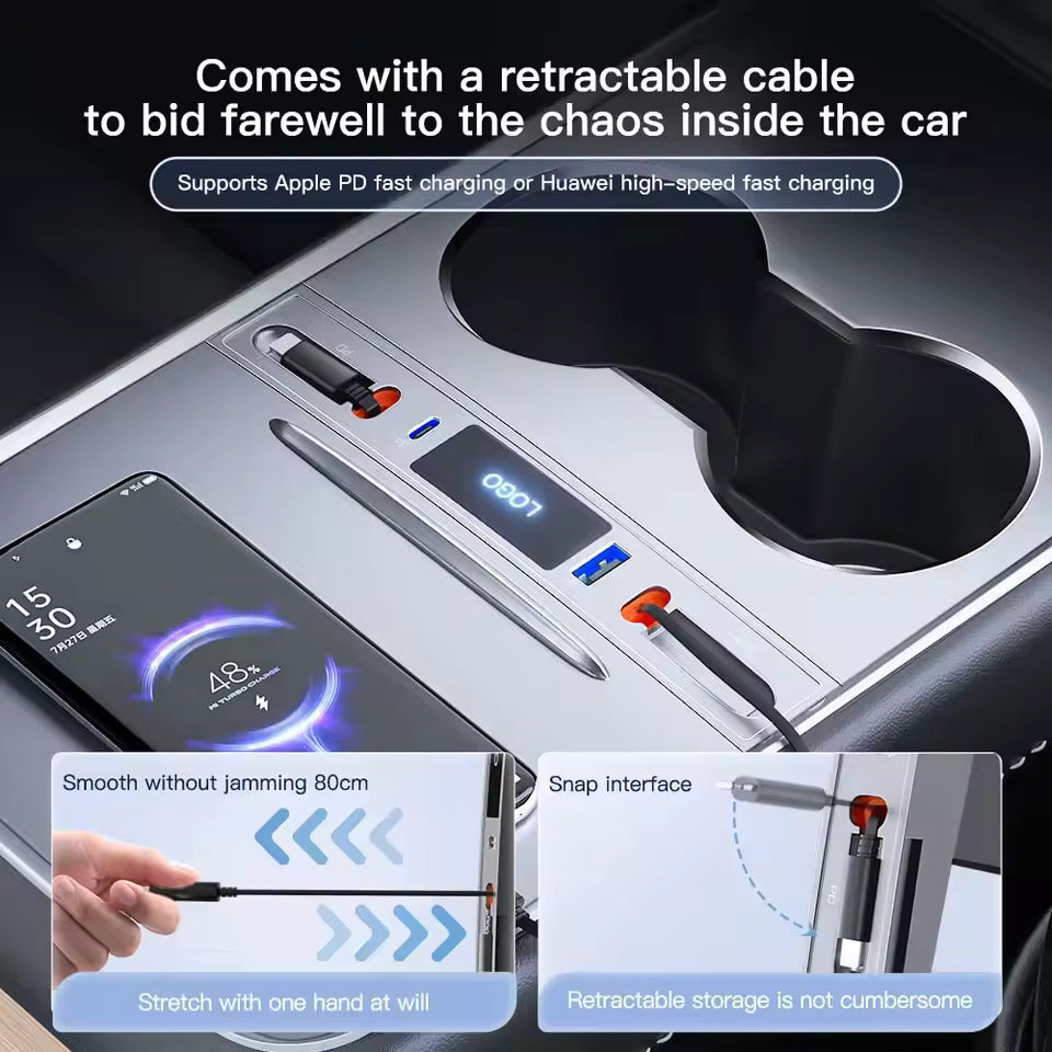 Chargeur rapide pour console centrale – Station de charge USB-C & Hub répartiteur USB, compatible avec Tesla M3/Y (Highland 2024–2025 & Standard 2021–2024), adaptateur intelligent avec câble d'extension d'alimentation