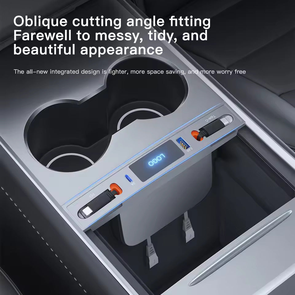 Chargeur rapide pour console centrale – Station de charge USB-C & Hub répartiteur USB, compatible avec Tesla M3/Y (Highland 2024–2025 & Standard 2021–2024), adaptateur intelligent avec câble d'extension d'alimentation