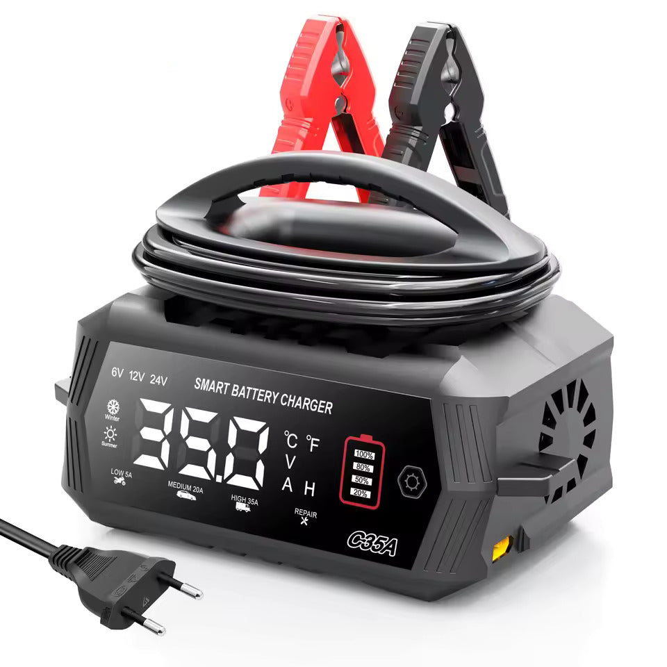 מטען סוללות אוניברסלי לרכב NOEIFEVO 6V 10A / 12V 35A / 24V 18A עבור סוללות ליתיום, LiFePO4, עופרת-חומצה, AGM וסוללות רטובות, מטען תחזוקה חכם ב-9 שלבים עם 3 הגדרות זרם
