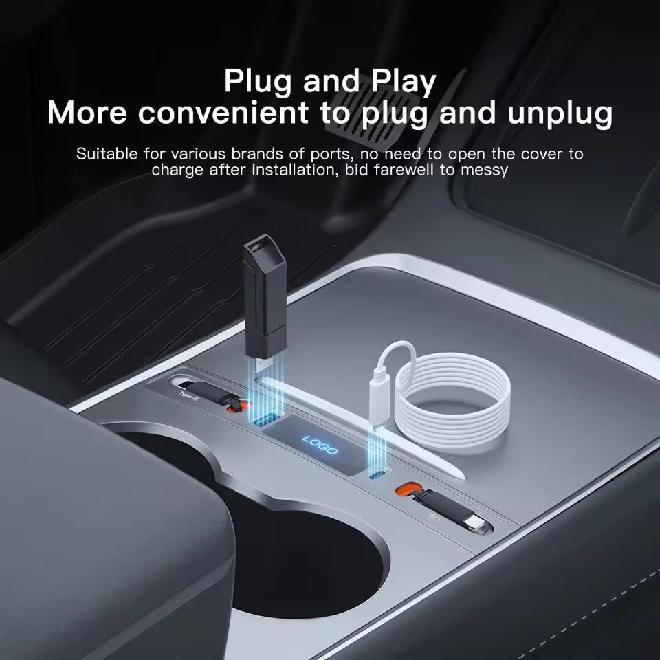 Chargeur rapide pour console centrale – Station de charge USB-C & Hub répartiteur USB, compatible avec Tesla M3/Y (Highland 2024–2025 & Standard 2021–2024), adaptateur intelligent avec câble d'extension d'alimentation