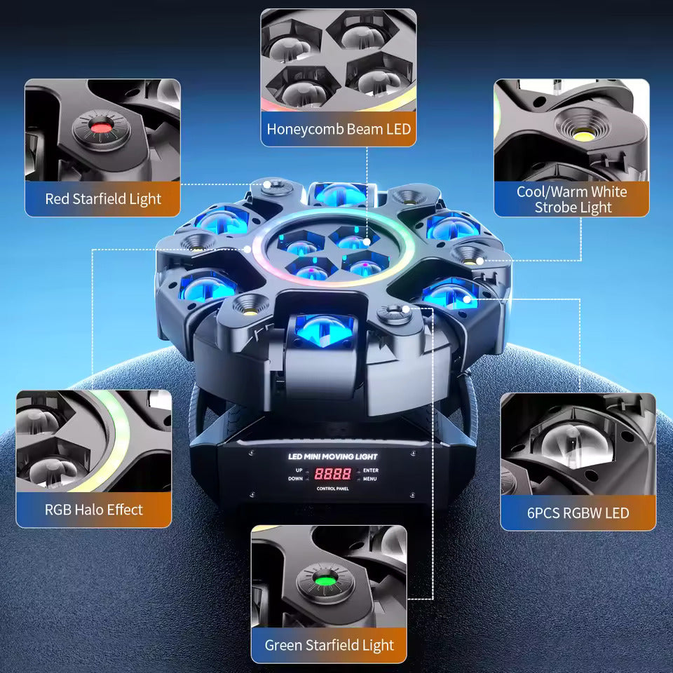 150W 6-armet RGBW Beam moving head med halo-effekt, scenelys, DMX512, seksstråle-stroboskop-effekt, velegnet til DJ-fester, fødselsdage, professionel scenebelysning, bar- og KTV-belysning