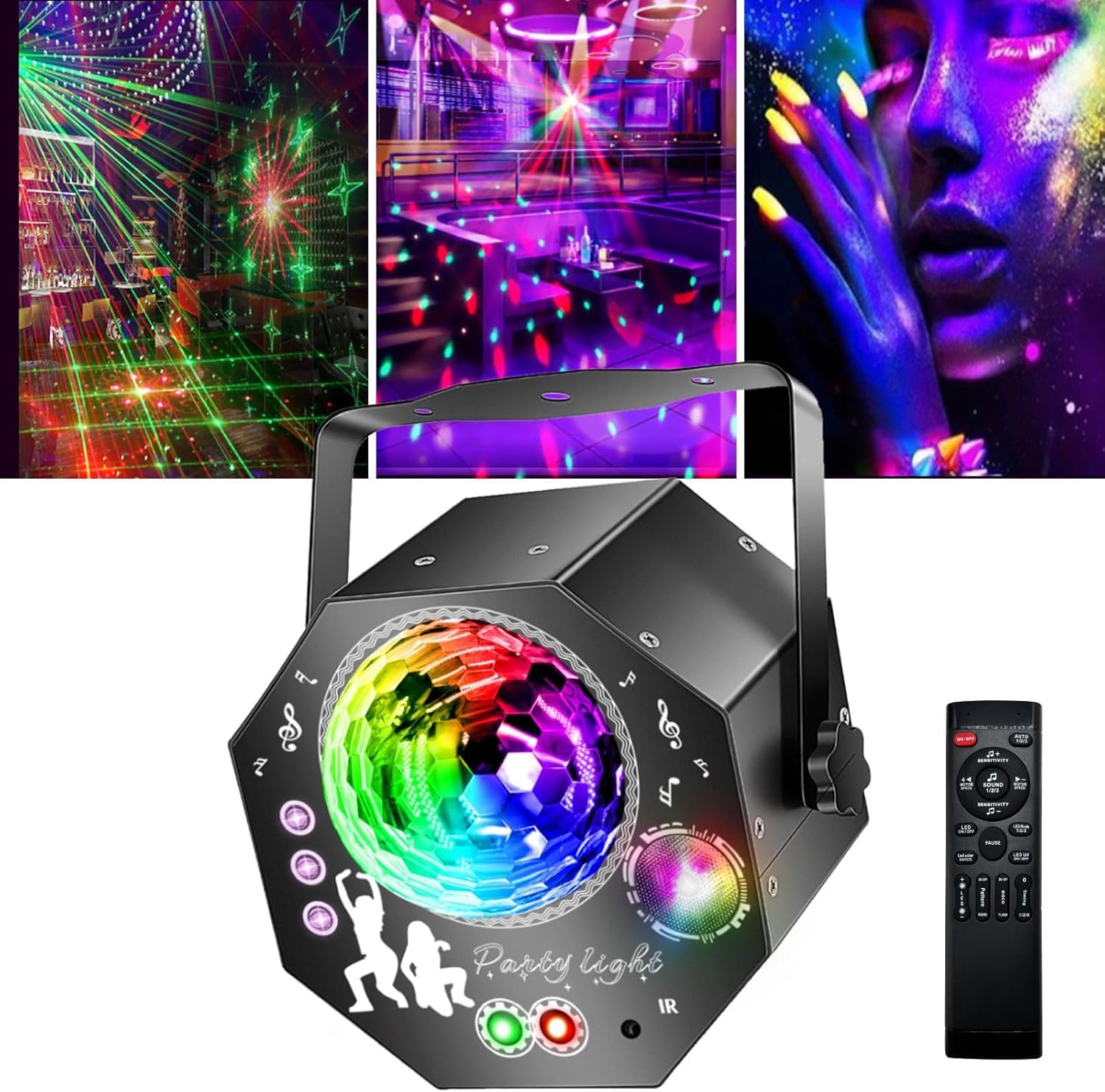 Boule disco 4-en-1 – lumière de fête avec 64 motifs, lampe disco à commande musicale avec télécommande, stroboscope RGB-UV pour la maison, bar, club, extérieur et anniversaires