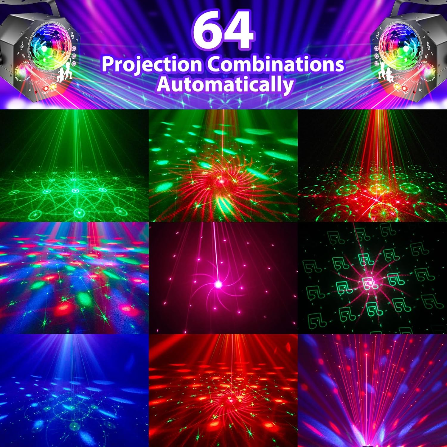 Boule disco 4-en-1 – lumière de fête avec 64 motifs, lampe disco à commande musicale avec télécommande, stroboscope RGB-UV pour la maison, bar, club, extérieur et anniversaires