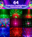 Boule disco 4-en-1 – lumière de fête avec 64 motifs, lampe disco à commande musicale avec télécommande, stroboscope RGB-UV pour la maison, bar, club, extérieur et anniversaires