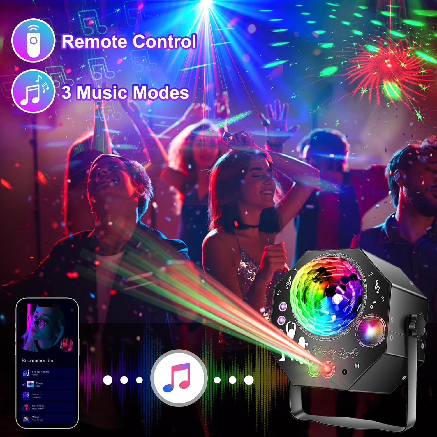 Boule disco 4-en-1 – lumière de fête avec 64 motifs, lampe disco à commande musicale avec télécommande, stroboscope RGB-UV pour la maison, bar, club, extérieur et anniversaires