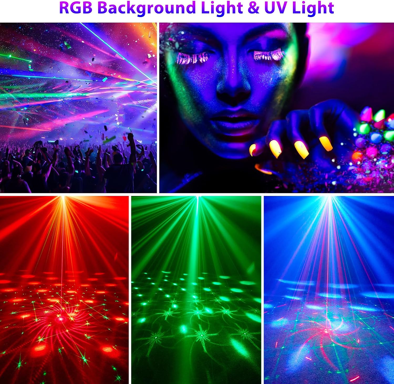 Boule disco 4-en-1 – lumière de fête avec 64 motifs, lampe disco à commande musicale avec télécommande, stroboscope RGB-UV pour la maison, bar, club, extérieur et anniversaires