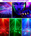 Boule disco 4-en-1 – lumière de fête avec 64 motifs, lampe disco à commande musicale avec télécommande, stroboscope RGB-UV pour la maison, bar, club, extérieur et anniversaires