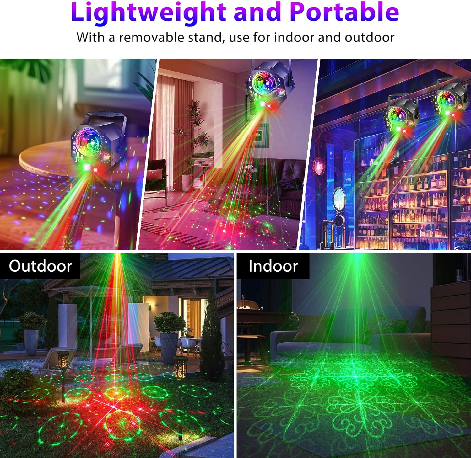 Boule disco 4-en-1 – lumière de fête avec 64 motifs, lampe disco à commande musicale avec télécommande, stroboscope RGB-UV pour la maison, bar, club, extérieur et anniversaires