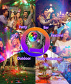 Boule disco 4-en-1 – lumière de fête avec 64 motifs, lampe disco à commande musicale avec télécommande, stroboscope RGB-UV pour la maison, bar, club, extérieur et anniversaires