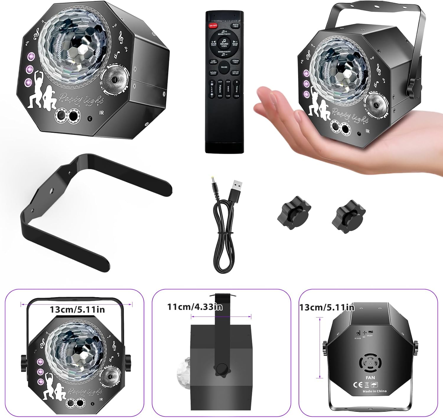 Boule disco 4-en-1 – lumière de fête avec 64 motifs, lampe disco à commande musicale avec télécommande, stroboscope RGB-UV pour la maison, bar, club, extérieur et anniversaires