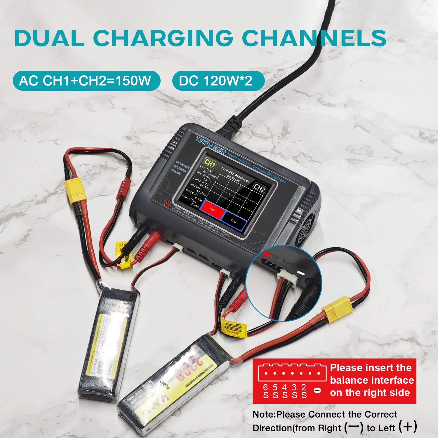 Chargeur NOEIFEVO T240 RC double canal AC 150 W DC 240 W pour batteries NiMH, NiCd, LiHV, Li-ion, Lipo, PB