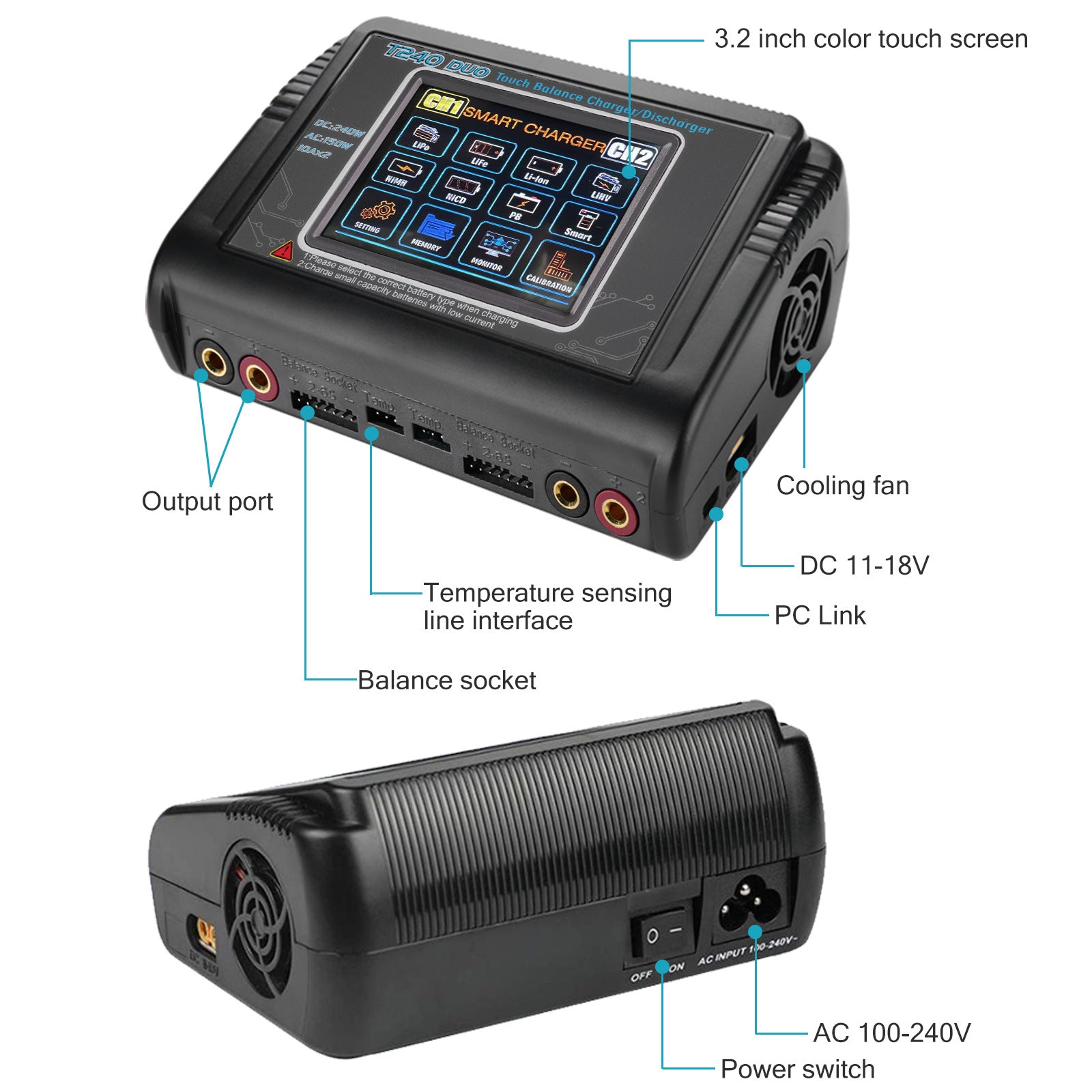 Chargeur NOEIFEVO T240 RC double canal AC 150 W DC 240 W pour batteries NiMH, NiCd, LiHV, Li-ion, Lipo, PB