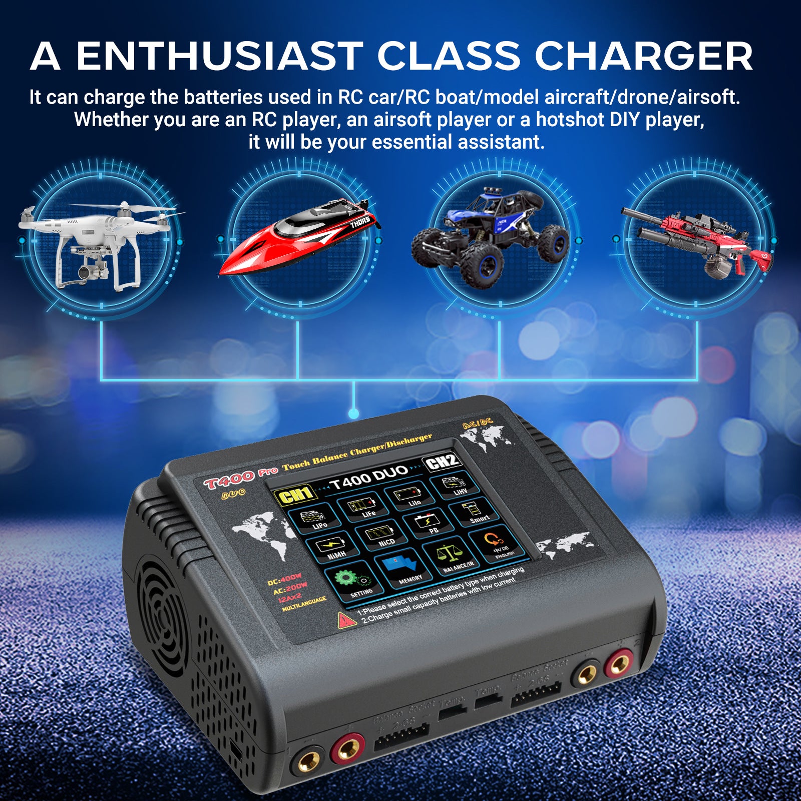 NOEIFEVO T400 Pro Chargeur Déchargeur RC Double Canal DC 400W AC 200W 12A pour Batteries LiHV LiFe Li-ion NiCd NiMh Pb LiPo