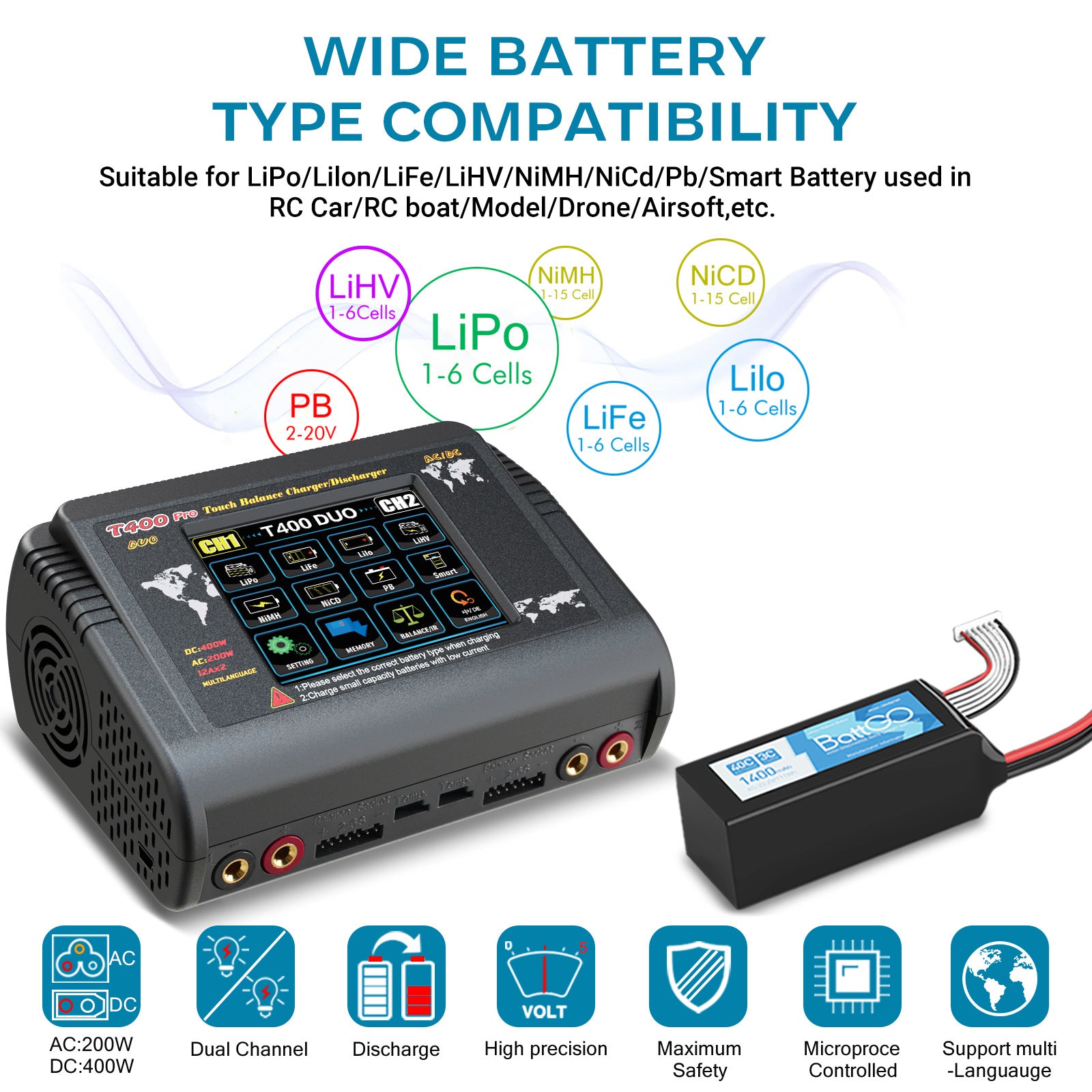 NOEIFEVO T400 Pro Chargeur Déchargeur RC Double Canal DC 400W AC 200W 12A pour Batteries LiHV LiFe Li-ion NiCd NiMh Pb LiPo