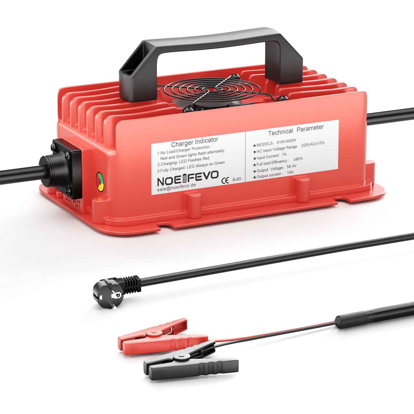 NOEIFEVO 58,4 V 10 A  LiFePO4  litio al batterie  per  Caricabatterie per batterie 51,2 V (48 V) 16S, impermeabile, spegnimento automatico con protezione completa
​