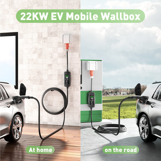 22KW 32A 3 Phase Mobile EV murale  Boîte, Chargeur rapide de type 2 pour véhicules électriques, câble de 5 mètres, prise CEE 32A