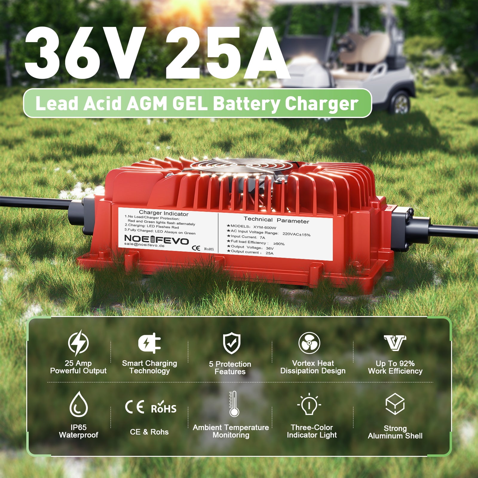 NOEIFEVO 36V 25A batterijlader voor loodzuurbatterijen AGM gel golfkar batterijlader