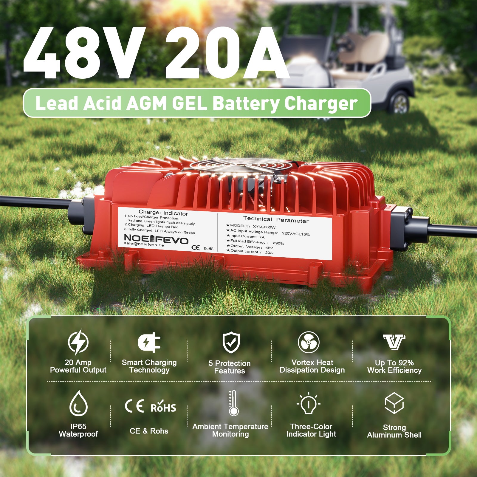 NOEIFEVO 48 V 20 A Chargeur de batterie pour batteries au plomb, AGM, gel, chargeur de batterie pour voiturette de golf