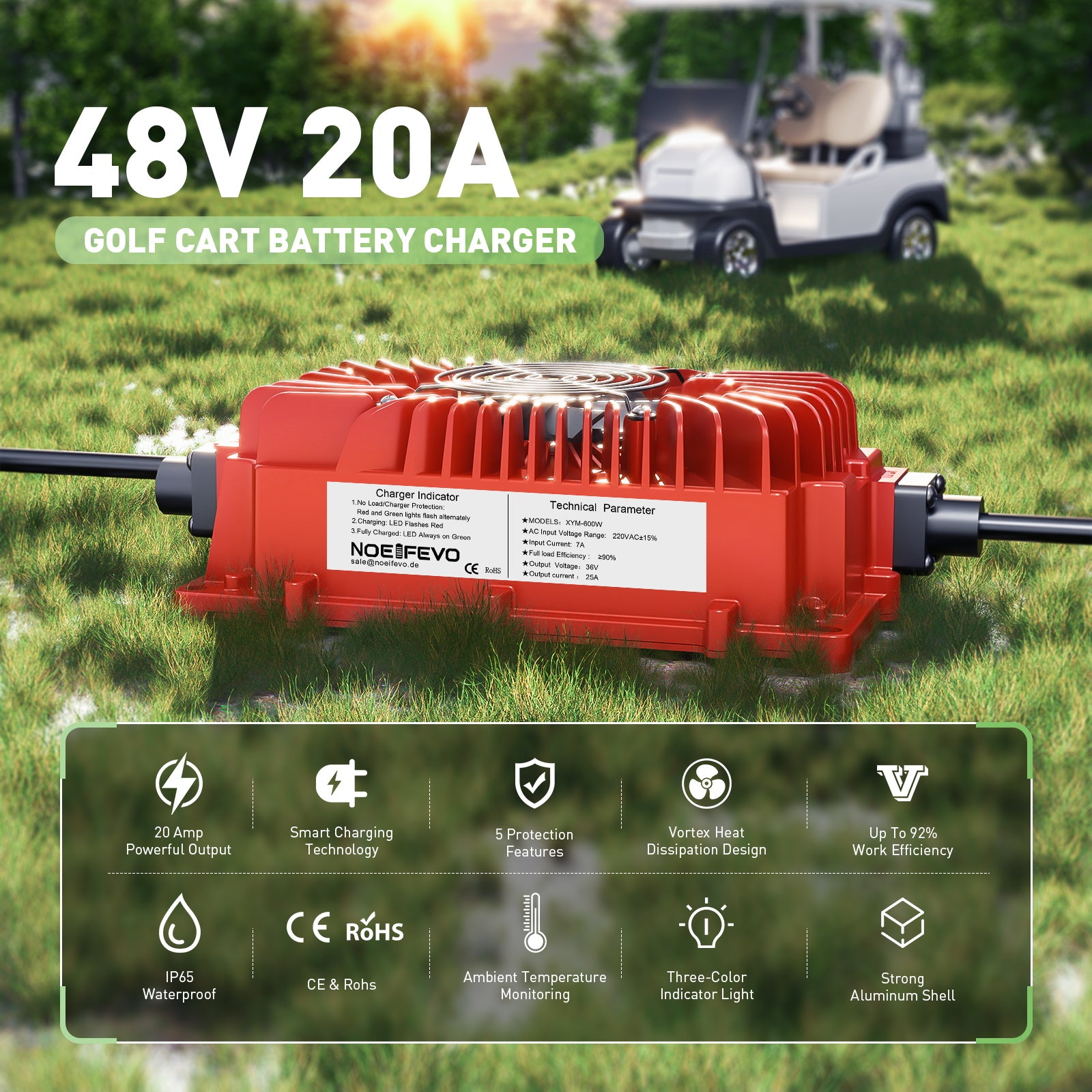 NOEIFEVO 48 V 20A Chargeur de batterie de voiturette de golf avec prise EZGO RXV & TXT pour batteries au plomb, AGM, Gel