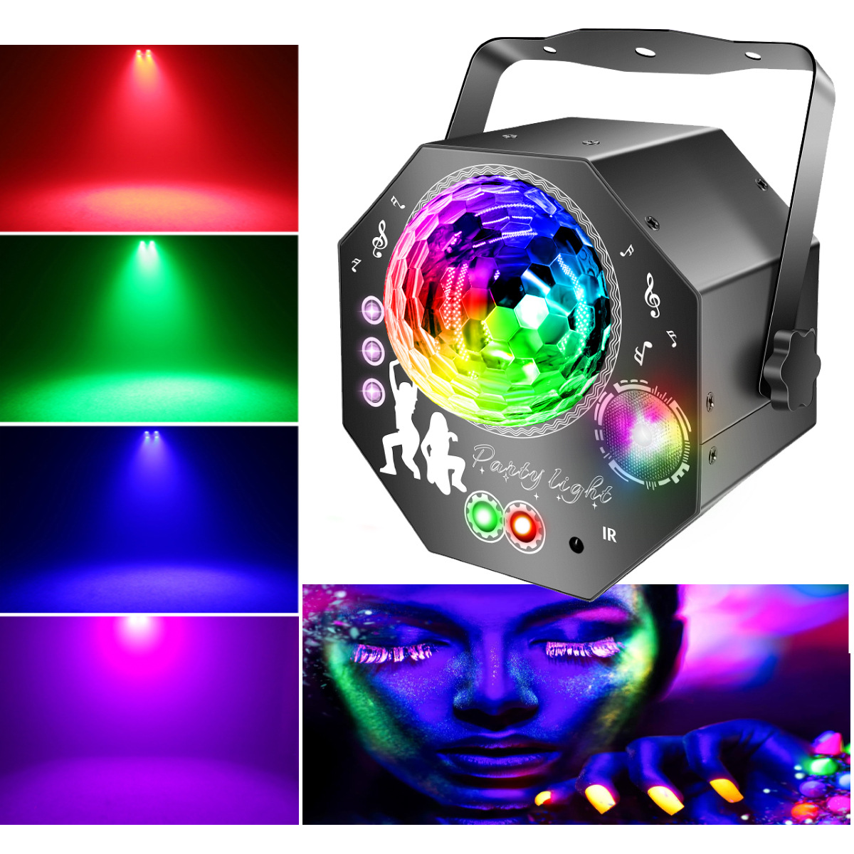 Boule disco 4-en-1 – lumière de fête avec 64 motifs, lampe disco à commande musicale avec télécommande, stroboscope RGB-UV pour la maison, bar, club, extérieur et anniversaires
