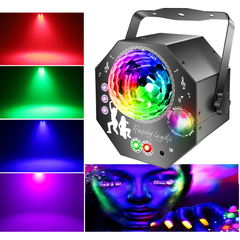 Boule disco 4-en-1 – lumière de fête avec 64 motifs, lampe disco à commande musicale avec télécommande, stroboscope RGB-UV pour la maison, bar, club, extérieur et anniversaires
