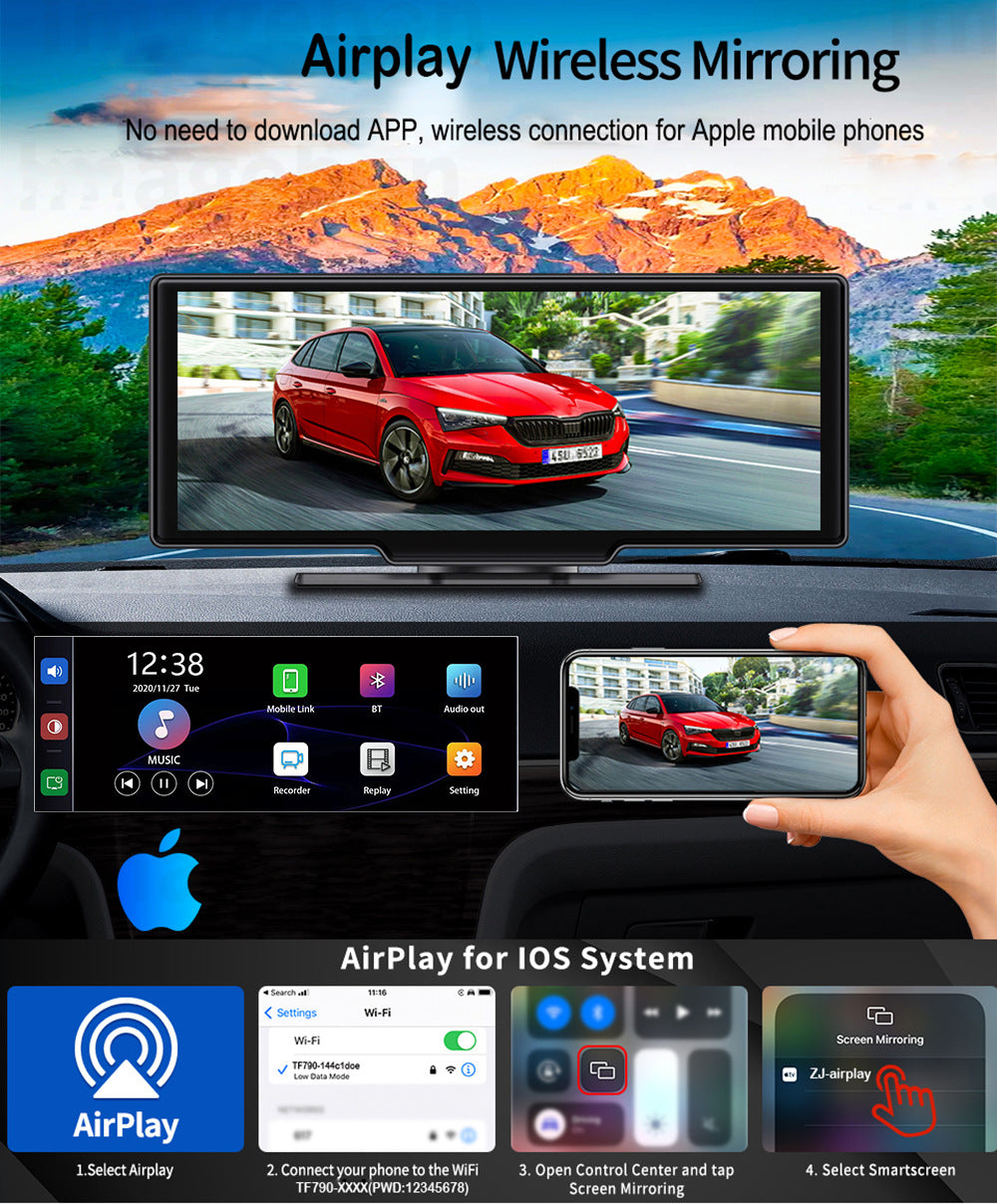 NOEIFEVO C200 10,26 pouces écran CarPlay, Radio de voiture portable compatible avec Apple CarPlay & Android Auto, Écran IPS tactile, Dashcam 4K, Caméra de recul 1080P, Siri, Navigation GPS, Bluetooth, MirrorLink, FM