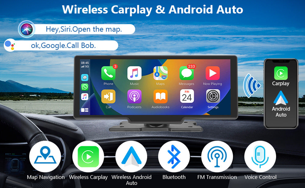 NOEIFEVO C200 10,26 inch CarPlay-scherm, Draagbare autoradio compatibel met Apple CarPlay & Android Auto, IPS touchscreen, 4K dashcam, 1080P achteruitrijcamera, Siri, GPS-navigatie, Bluetooth, MirrorLink, FM