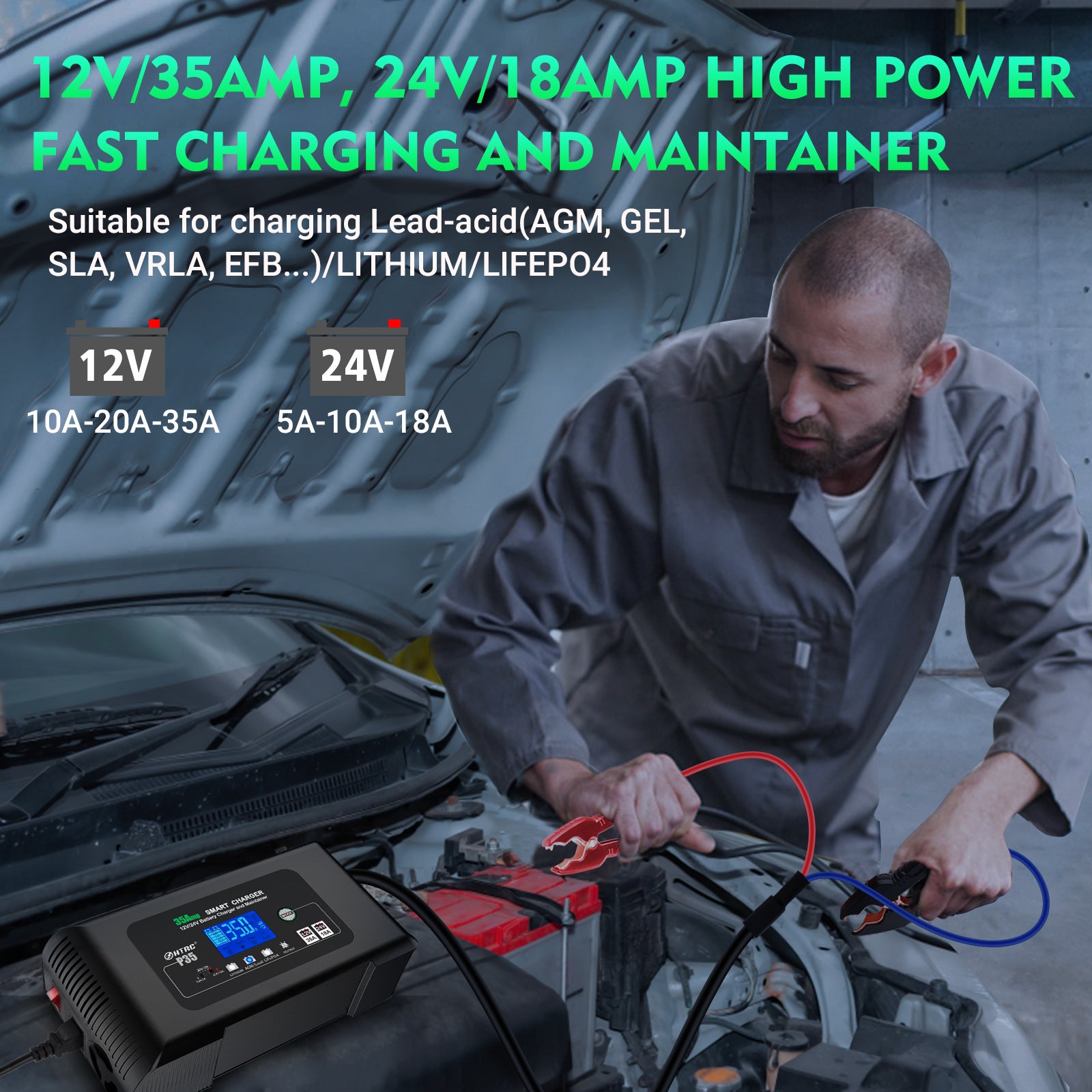 NOEIFEVO 12V 35A/24V 18A Smart-laddare för bilbatterier, batteriladdare för bil, motorcykel, gräsklippare, båt, lämplig för litium-, LiFePO4- och bly-syrabatterier (AGM, Gel, MF, EFB, SLA, VRLA, våt)